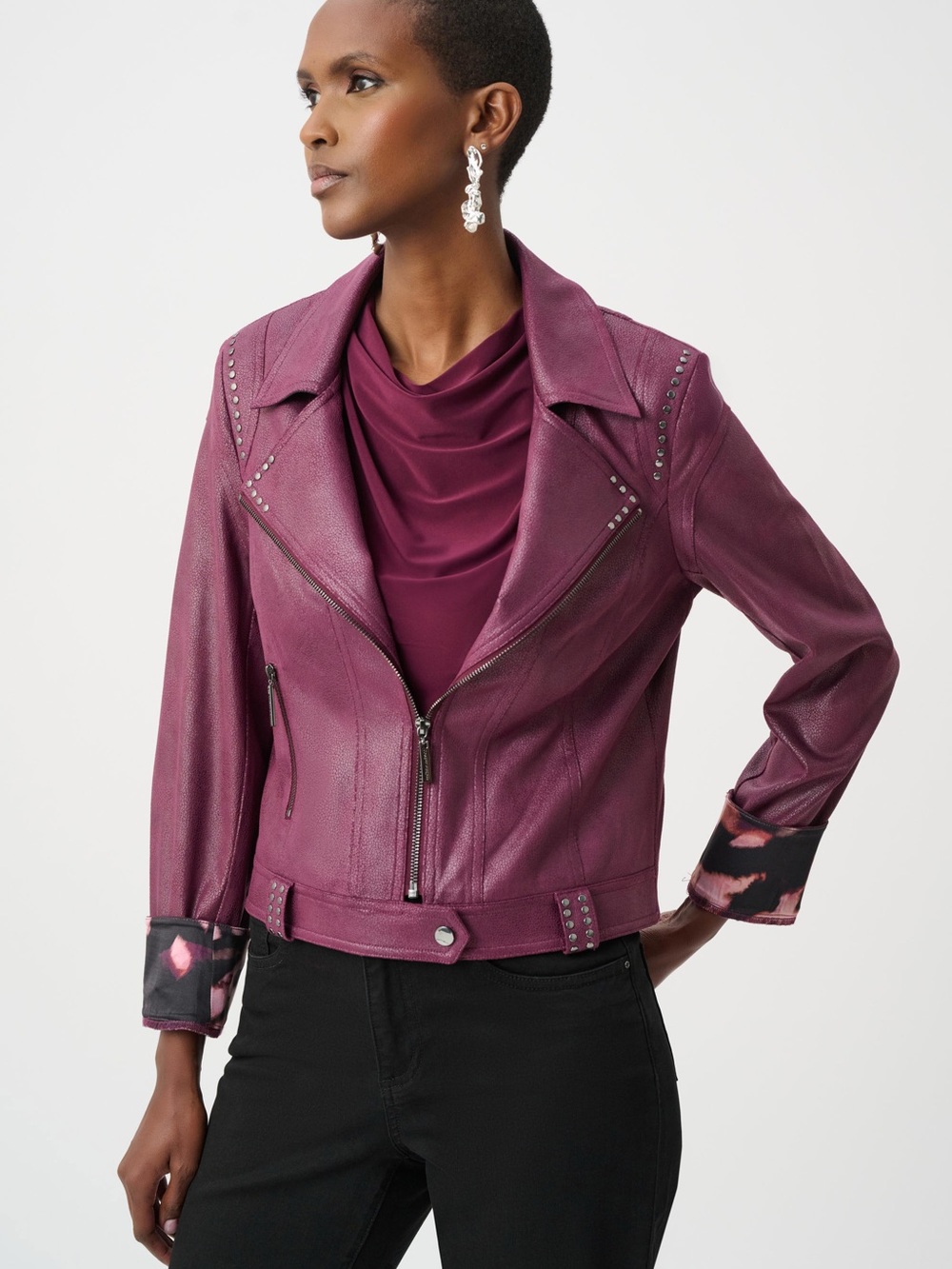 Joseph Ribkoff Plum Faux Leather Moto Jacket with Stud Accents